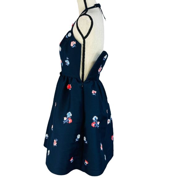 Kate Spade SZ 2 Halter Mini Dress Pom Floral Embroidered Fit 'n Flare Lined Blue - Picture 5 of 11